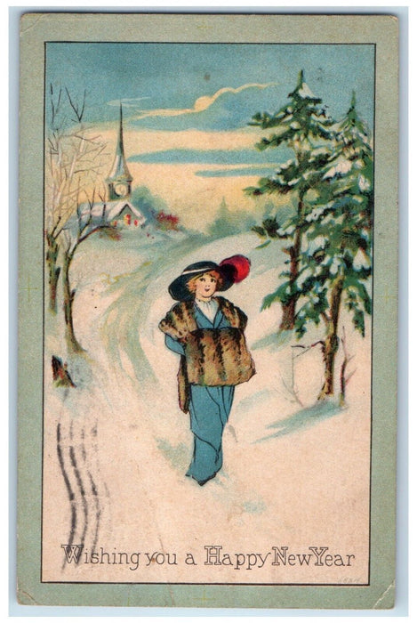 1916 Happy New Year Woman Handwarmer Winter Pine Trees Defiance OH Postcard