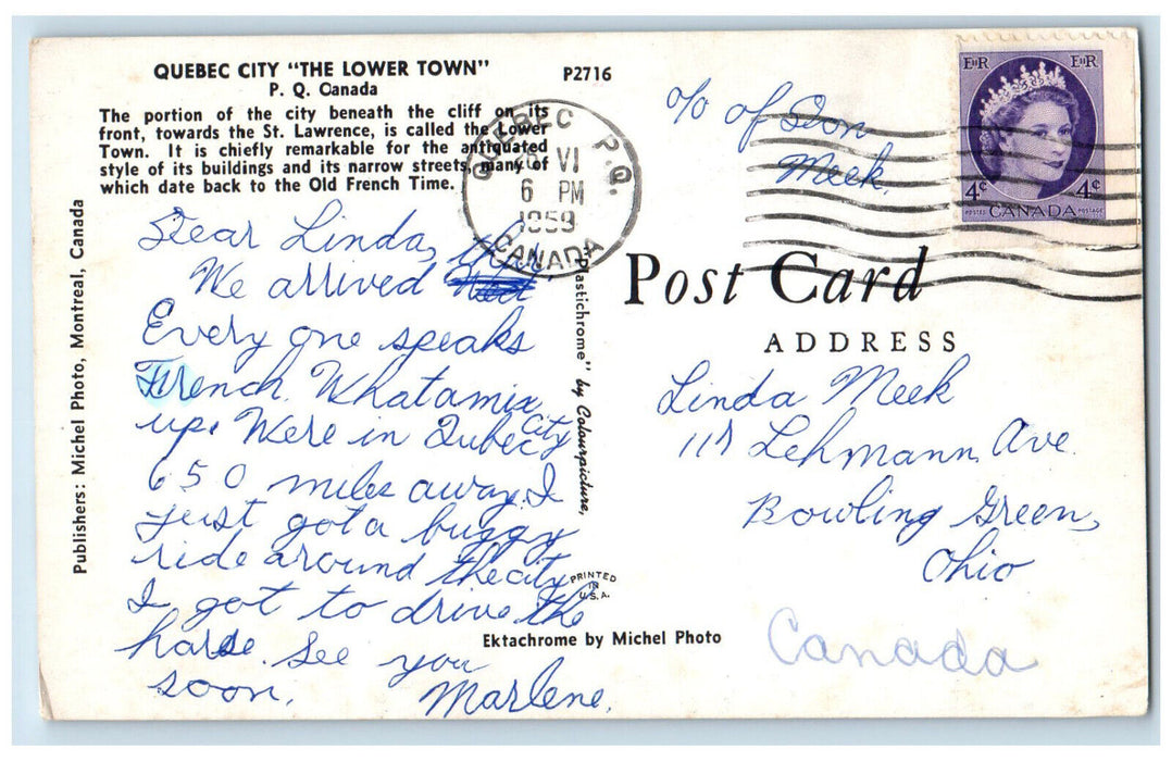 1959 Quebec City "The Lower Town" PQ Quebec Canada Vintage Posted Postcard