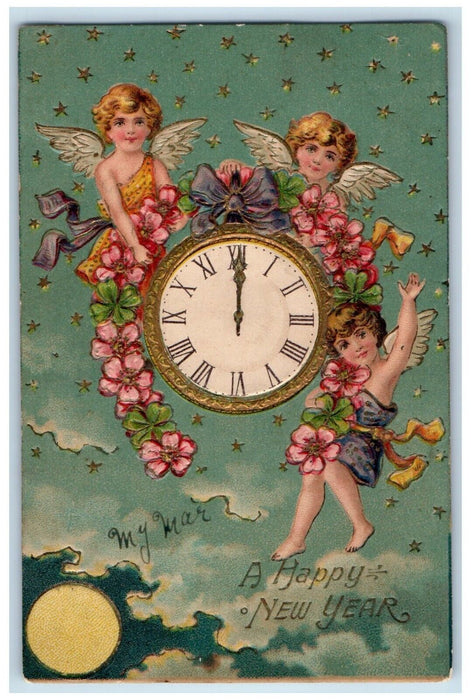 c1910's Happy New Year Angels Clock Flowers Stars Embossed Antique Postcard