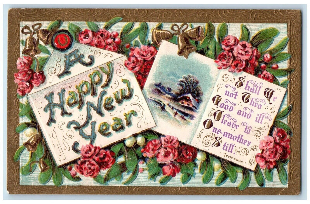 1910 Happy New Year Flowers Ringing Bells Embossed Schenectady NY Postcard