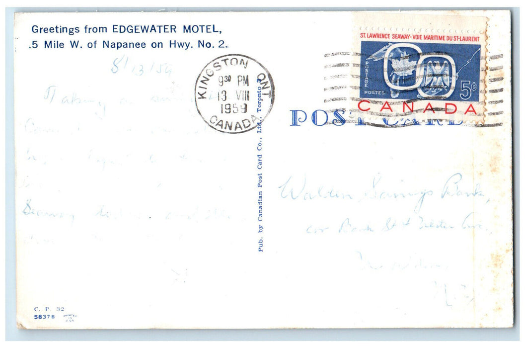 1959 Greetings from Edgewater Motel Napanee Ontario Canada Posted Postcard