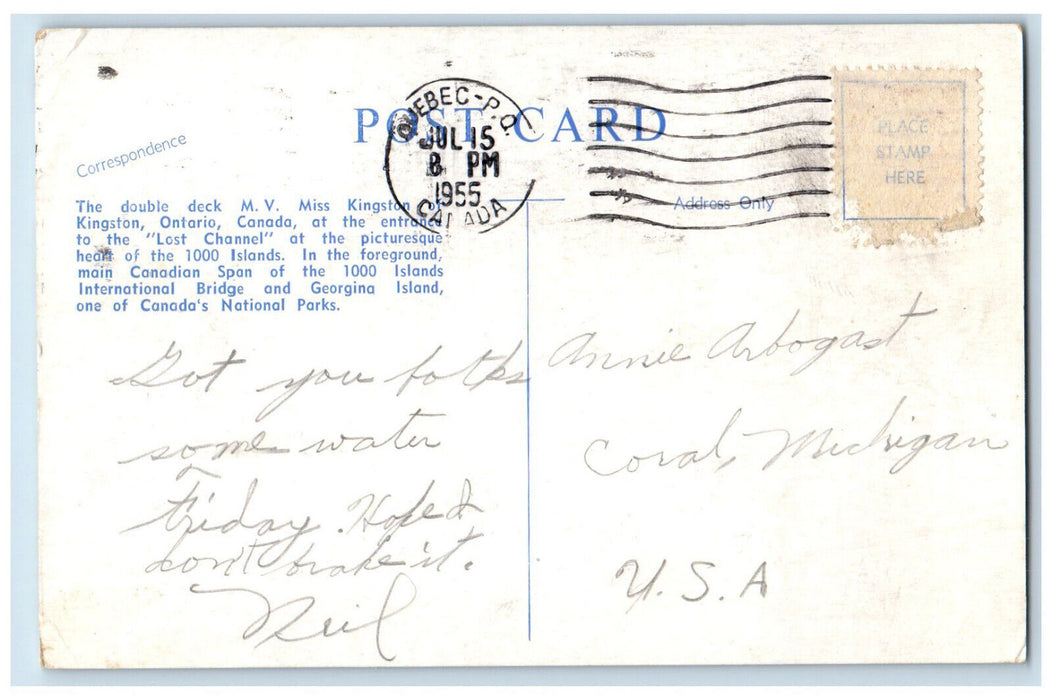 1955 Double Deck M.V. Miss Kingston Kingston Ontario Canada Posted Postcard