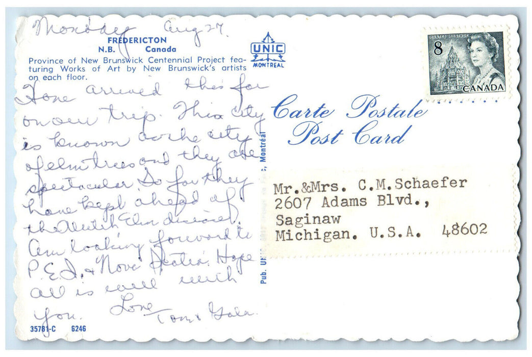 c1960's New Brunswick Centennial Project Fredericton NB Canada Postcard