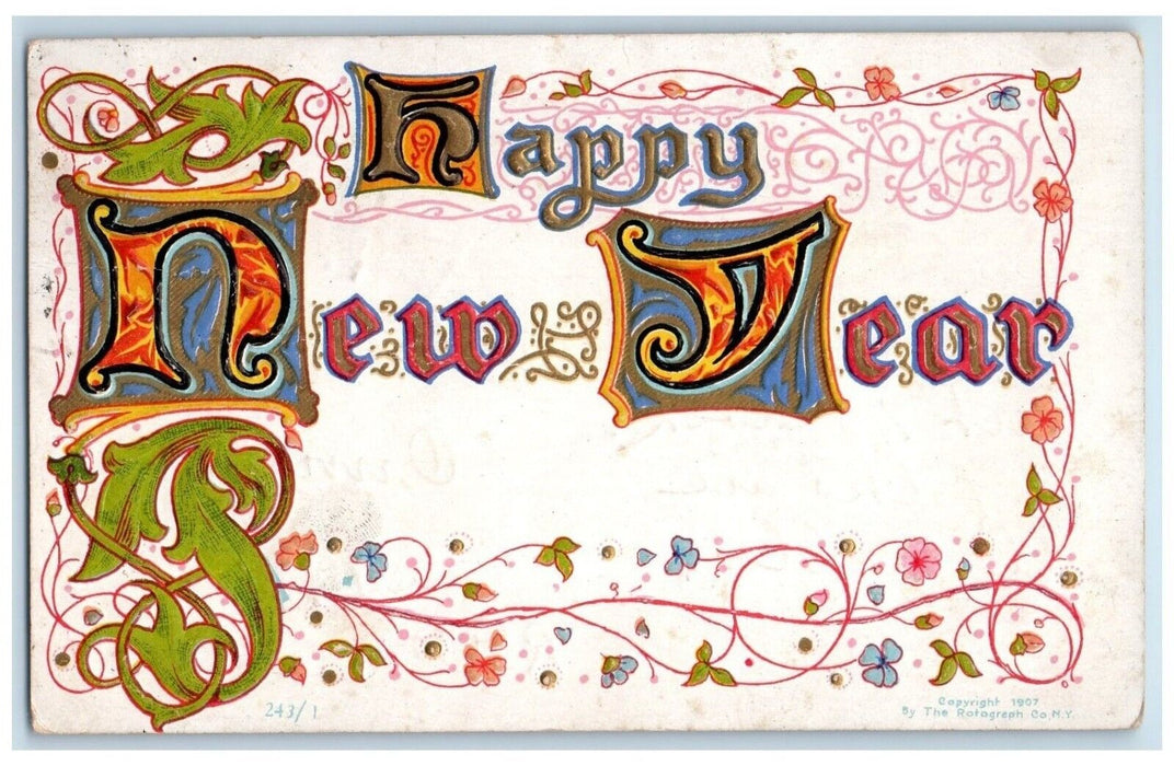 1907 Happy New Year Flowers Embossed Louisville Ohio OH Antique Postcard