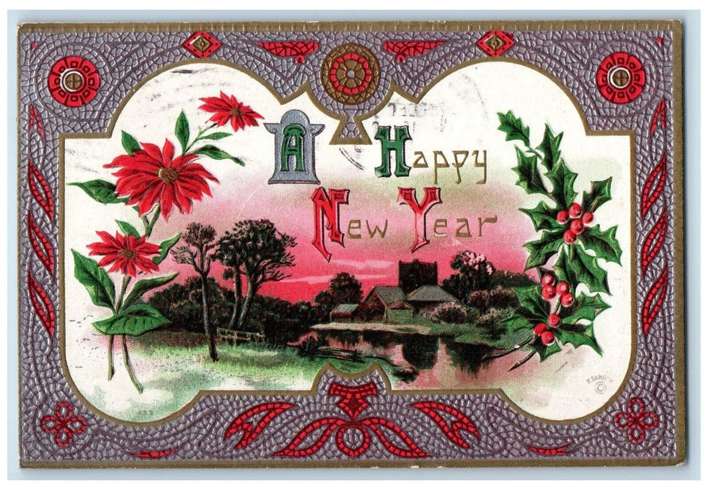 1910 Happy New Year Holly Berries Poinsettia Flowers Newcastle PA Postcard