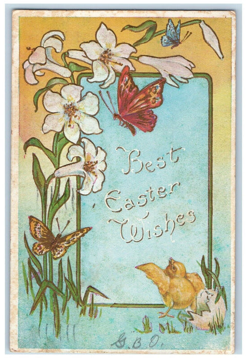 1908 Easter Wishes Chick Flowers Butterfly Embossed Wilmington DE Postcard