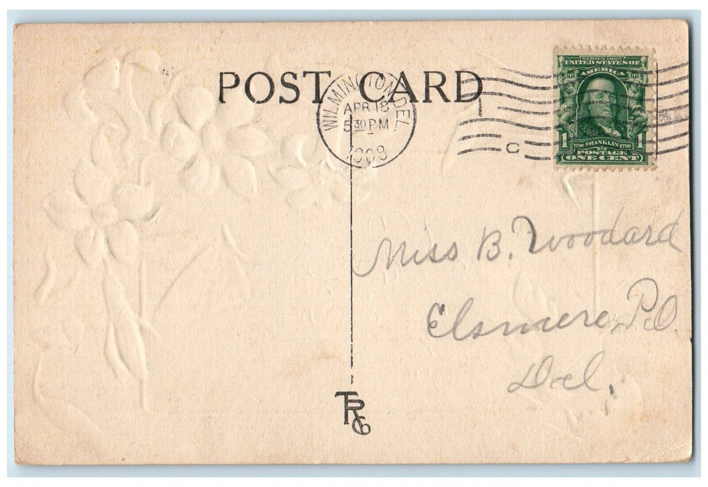1908 Easter Wishes Chick Flowers Butterfly Embossed Wilmington DE Postcard