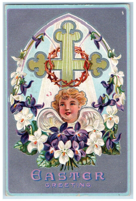 1909 Easter Greetings Holy Cross Angel Flowers Embossed Philadelphia PA Postcard