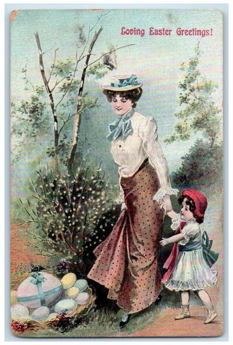 c1905 Easter Greetings Mother And Daughter Eggs Nest Pipe Berry Antique Postcard