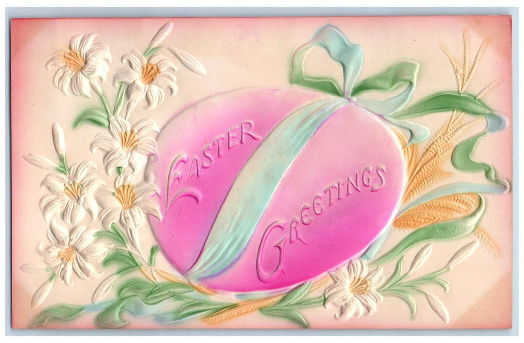 c1910's Easter Greetings Egg White Lilies Flowers Airbrushed Embossed Postcard