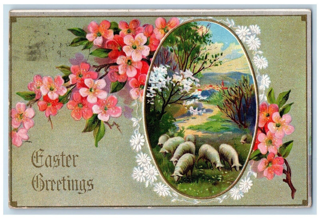 1911 Easter Greetings Sheep Flowers Embossed Warsaw Indiana IN Antique Postcard