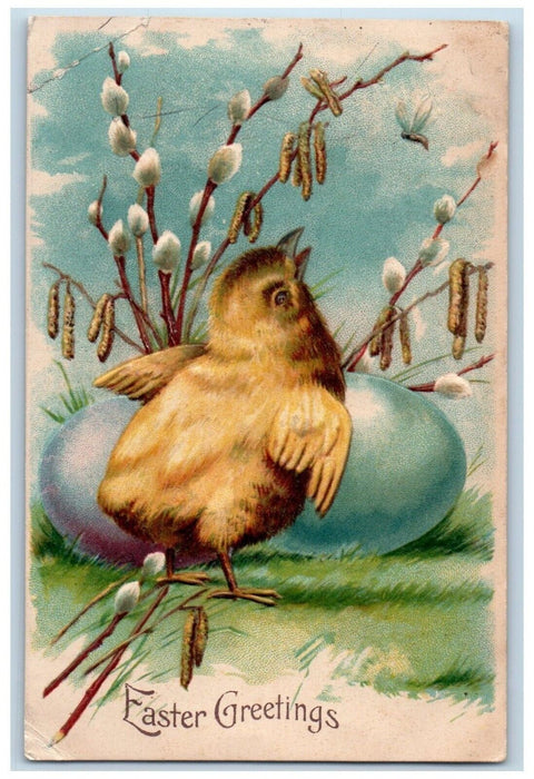 1910 Easter Greetings Eggs Chick Cattail Pipe Berry Warsaw IN Antique Postcard