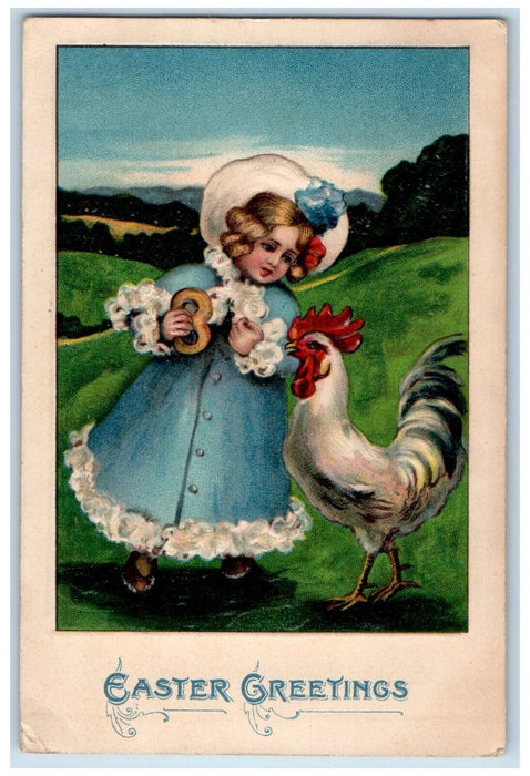 1910 Ester Greetings Girl Big Hat Rooster Chicken Embossed Chicago IL Postcard