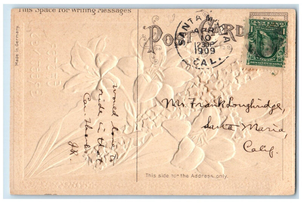 1909 Easter Greetings Holy Cross Lily Flowers Airbrushed Santa Maria CA Postcard