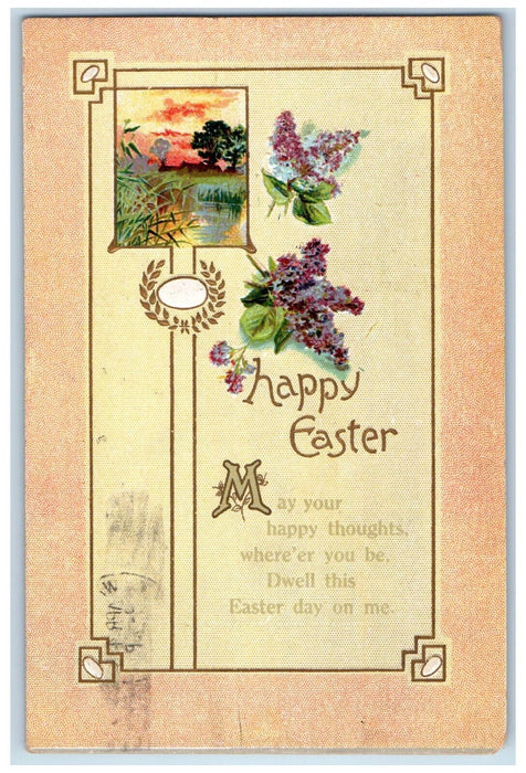 1911 Happy Easter Message Flowers Embossed Warsaw Indiana IN Antique Postcard