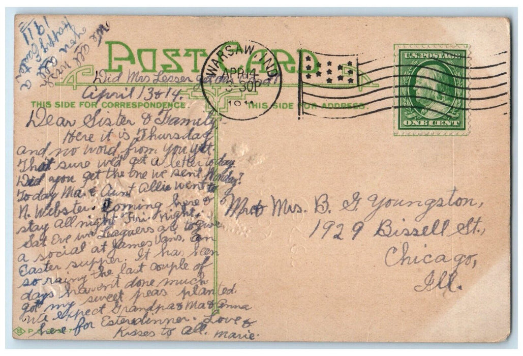 1911 Happy Easter Message Flowers Embossed Warsaw Indiana IN Antique Postcard