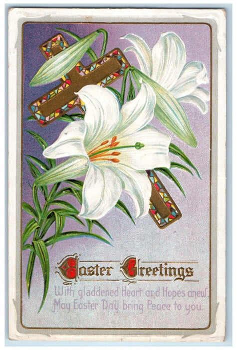 1913 Easter Greetings Holy Cross Lily Flowers Embossed Hammond IN Postcard