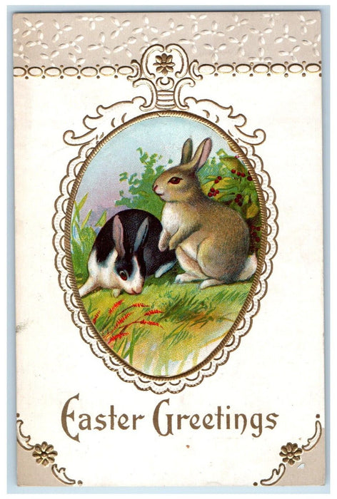 1913 Easter Greetings Egg Bunny Rabbit Embossed Fostoria Ohio OH Posted Postcard