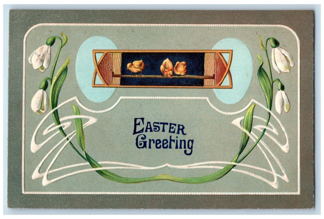 1909 Easter Greeting Art Nouveau Chicks Flowers Egg Embossed Antique Postcard