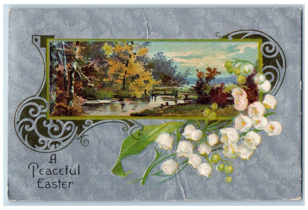 1912 Easter White Flowers River Bridge Scene Embossed Wilmington DE Postcard