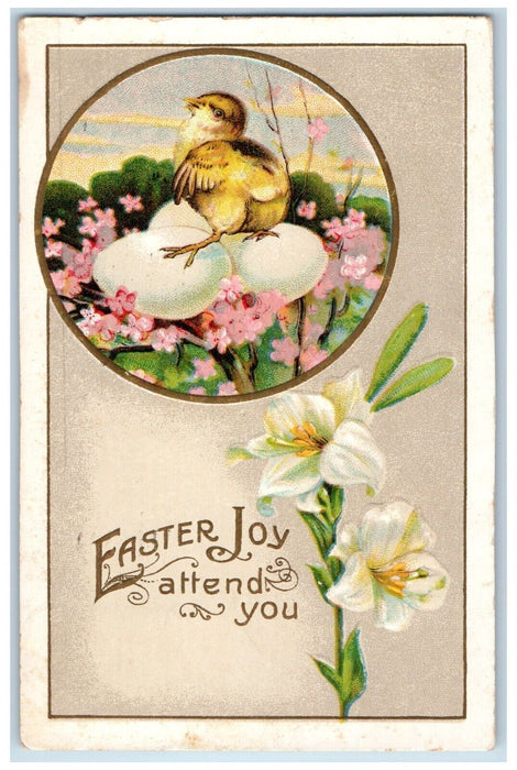 1912 Easter Joy Chick On Top Of Eggs Flowers Winsch Back Wilmington DE Postcard