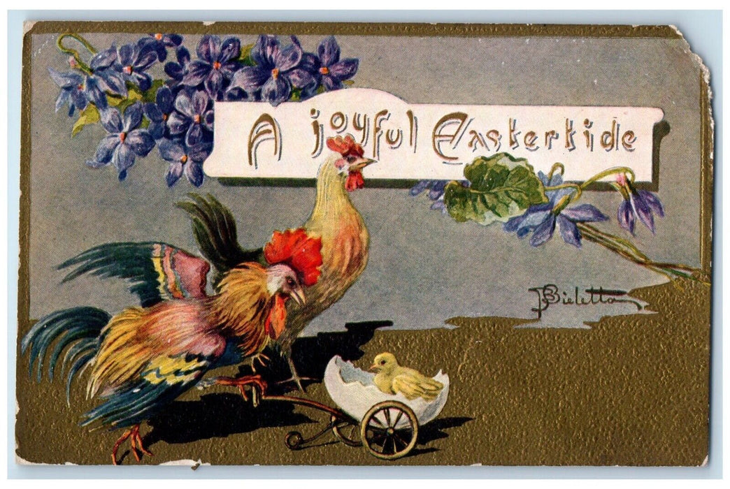 c1910's Easter Chicken Rooster Pushing Cart Hatched Egg Chick Flowers Postcard