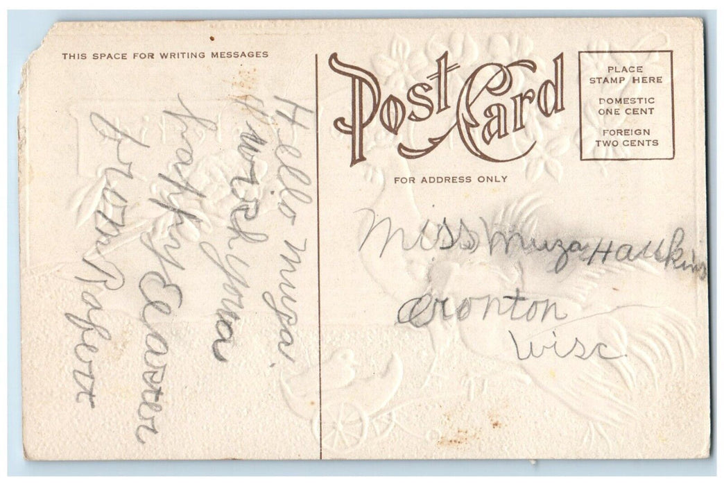 c1910's Easter Chicken Rooster Pushing Cart Hatched Egg Chick Flowers Postcard