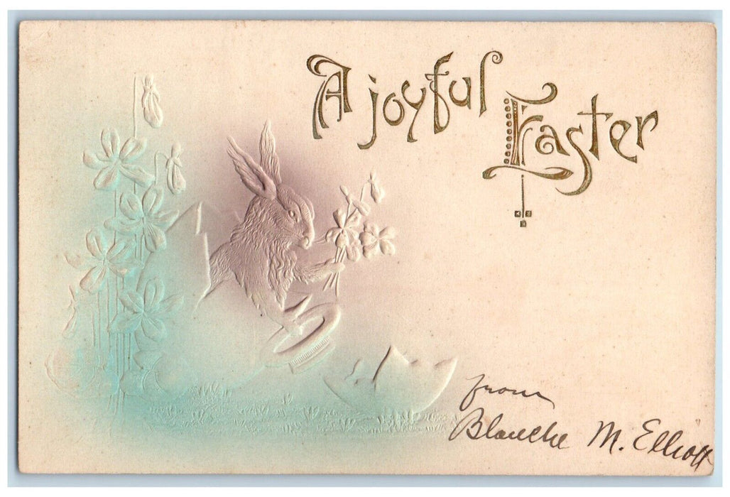c1905 Joyful Easter Hatched Egg Rabbit With Flowers Airbrushed Embossed Postcard