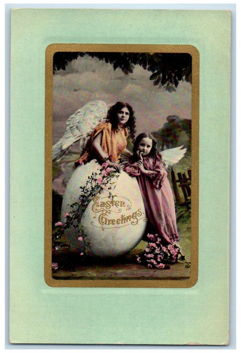 1910 Easter Greetings Angels In Giant Hatched Egg Flowers Chicago IL Postcard