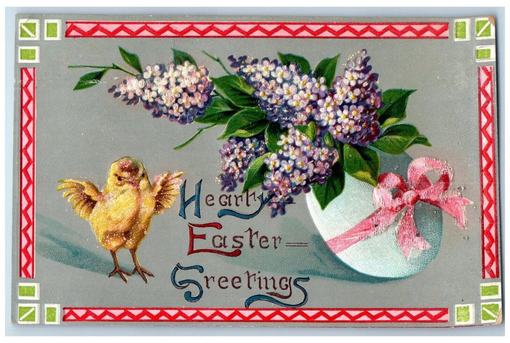 1910 Easter Greetings Chick Hatched Egg With Flowers Embossed Antique Postcard