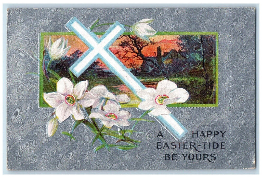 1909 Happy Easter Holy Cross White Flowers Embossed Chicago IL Antique Postcard