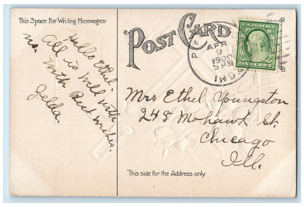 1909 Happy Easter Holy Cross White Flowers Embossed Chicago IL Antique Postcard