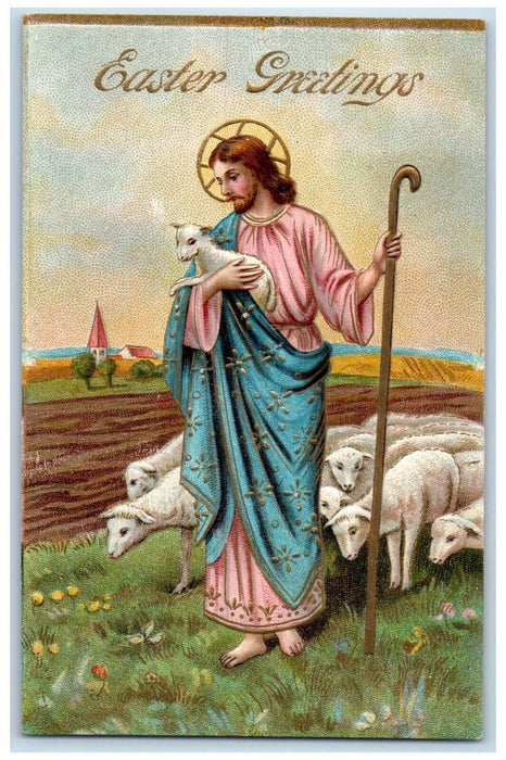 c1910's Easter Greetings Jesus Sheep Religious Embossed Chicago IL Postcard