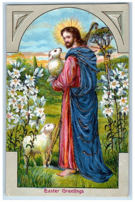 1911 Easter Greetings Jesus Sheep Lilies Flowers Embossed Antique Postcard