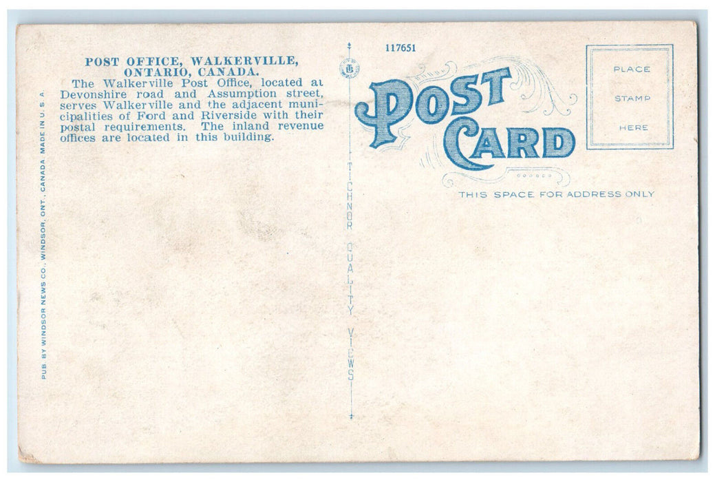 c1920's Post Office Walkerville Ontario Canada Vintage Posted Postcard