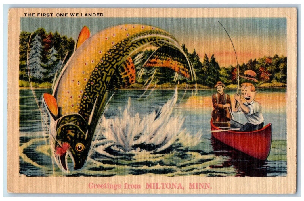 c1940 Greetings From Miltona Minnesota Giant Fish Boat Fishing Vintage Postcard