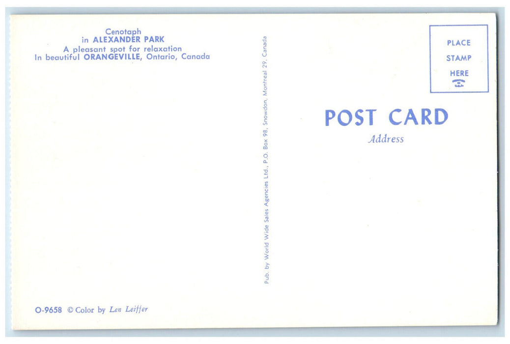 c1950's Cenotaph in Alexander Park Orangeville Ontario Canada Postcard