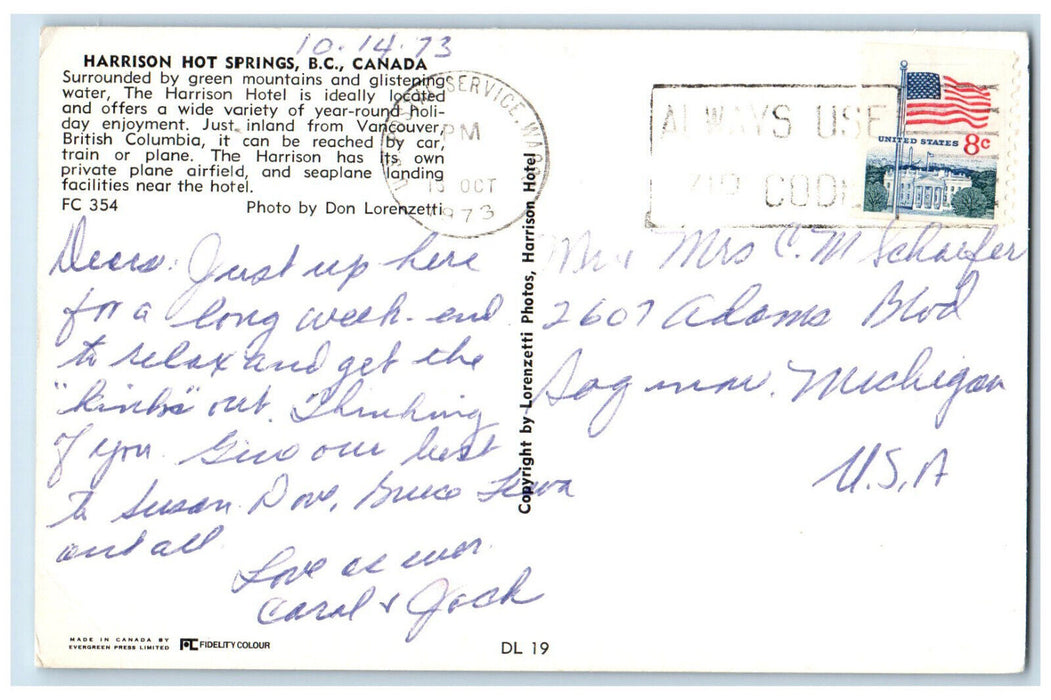 1973 Harrison Hot Springs British Columbia Canada Vintage Posted Postcard