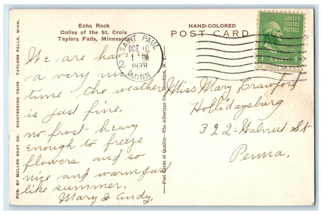 1938 Scenic View Echo Rock Dalles St Croix Taylors Falls Minnesota MN Postcard