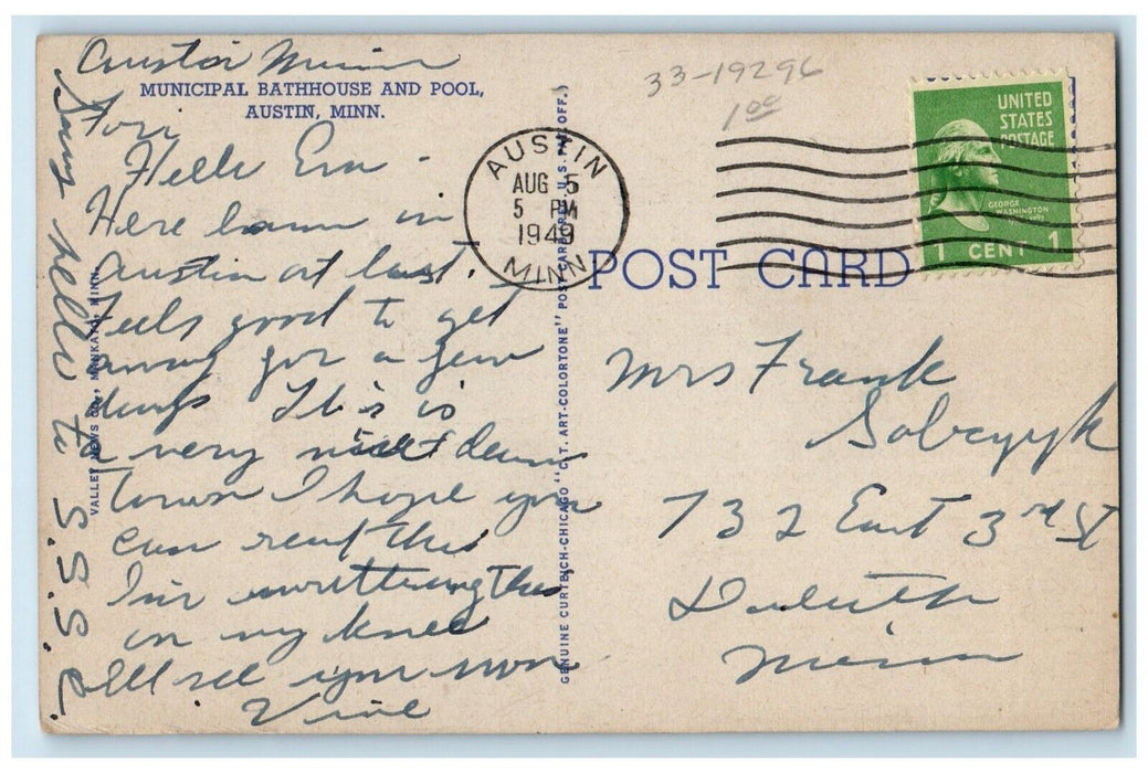 1949 Aerial View Municipal Bathhouse & Pool Austin Minnesota MN Vintage Postcard