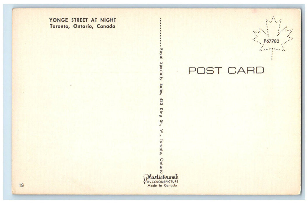 c1960's Edison Hotel Yonge Street at Night Toronto Ontario Canada Postcard