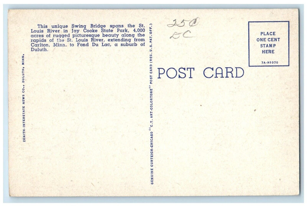 c1940 Swinging Bridge St Louis River Jay State Park Duluth Minnesota MN Postcard