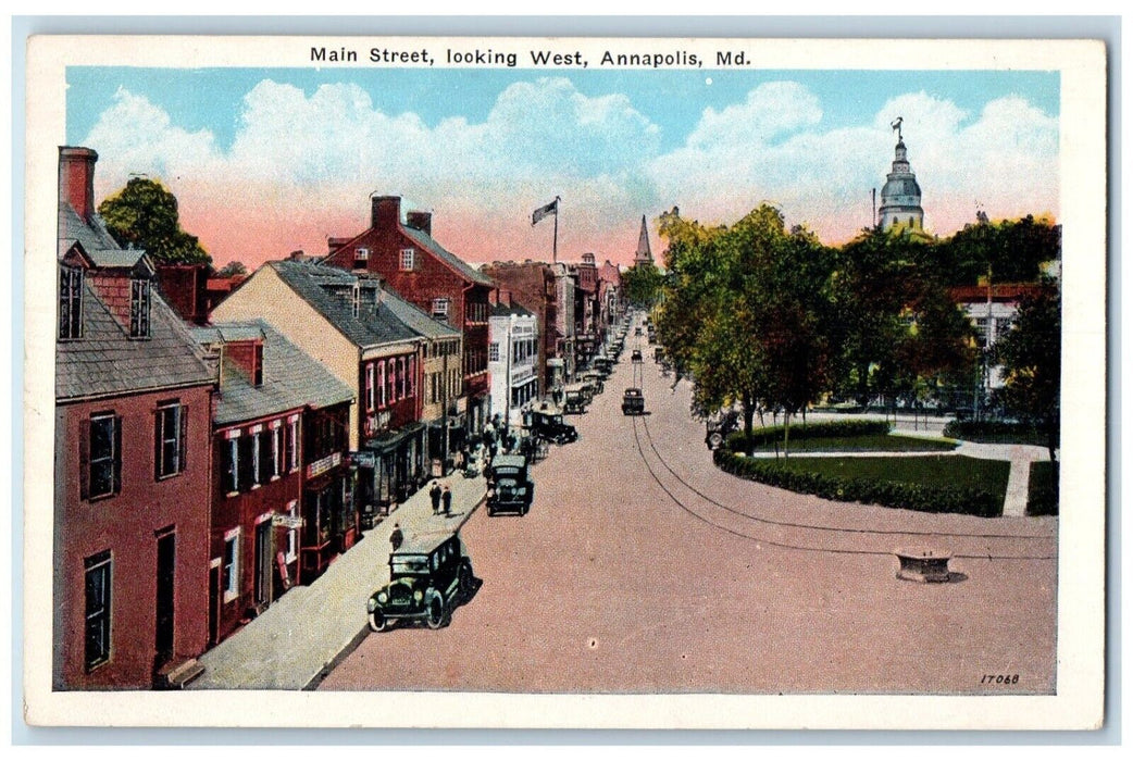 c1920 Main Street Looking West Classic Cars Exterior Annapolis Maryland Postcard