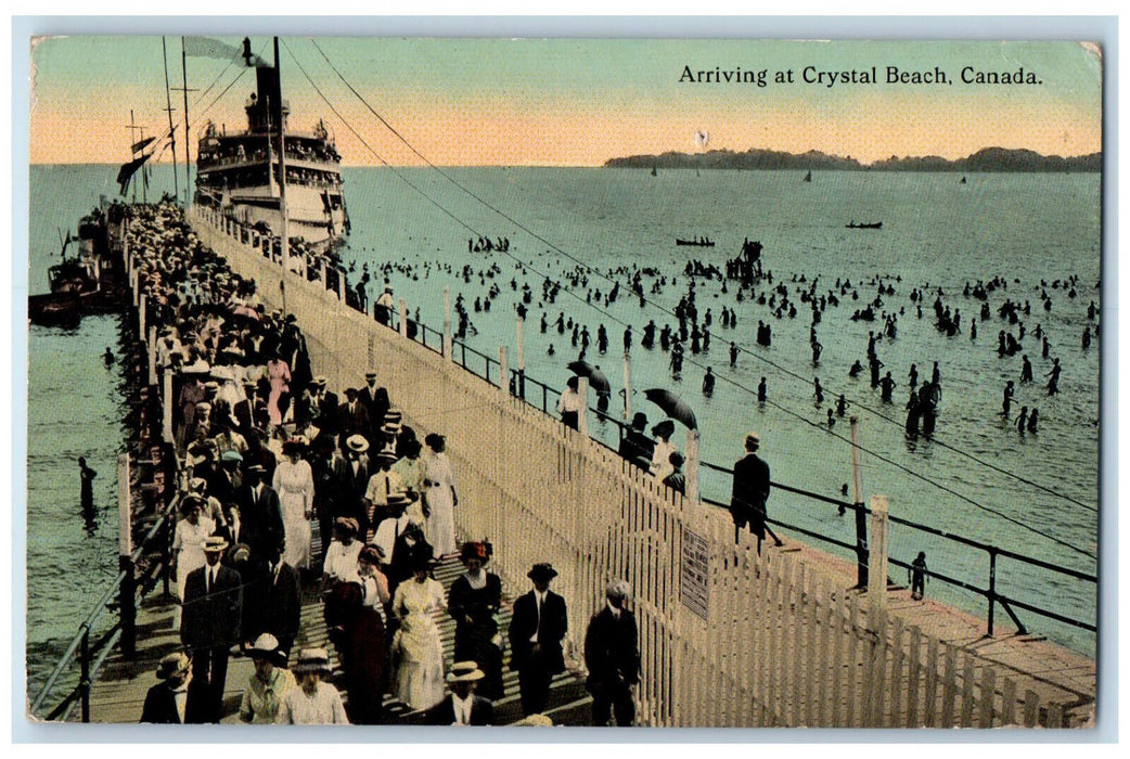 1914 Bathing Scene Arriving at Crystal Beach Canada Antique Postcard