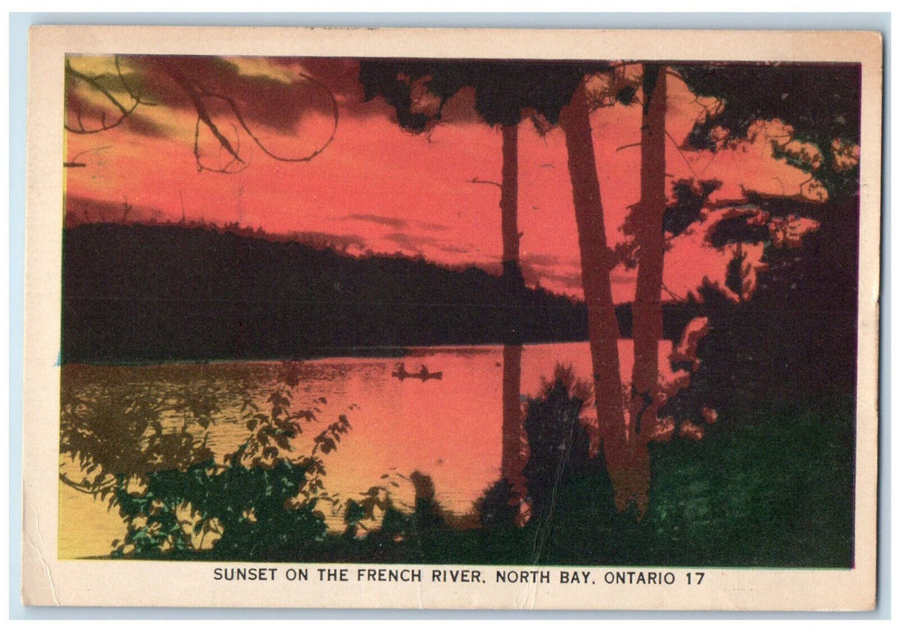 c1940's Sunset on the French River North Bay Ontario Canada Postcard