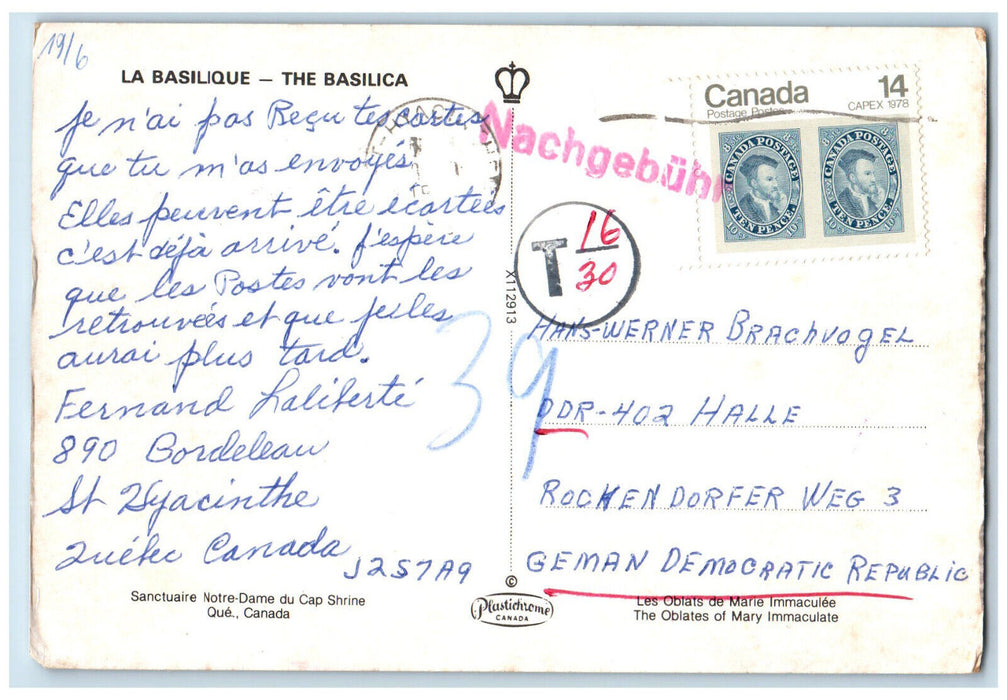 c1950's The Basilica Sanctuary Notre Dame Du Cap Shrine Canada Postcard
