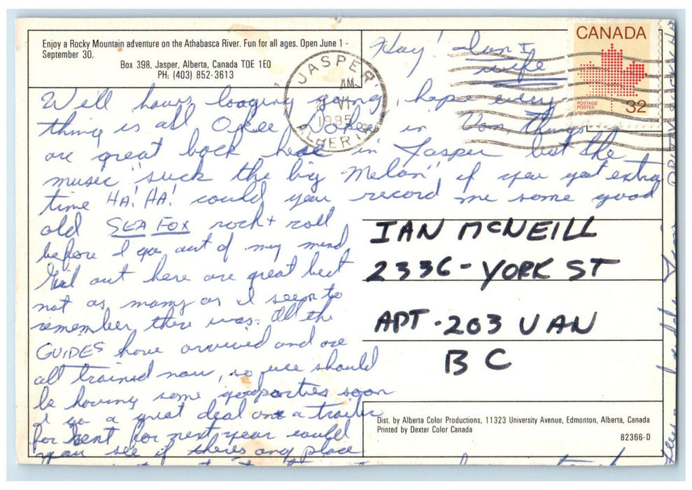 1985 Jasper Raft Tours Rocky Mountain Adventures Jasper Canada Postcard