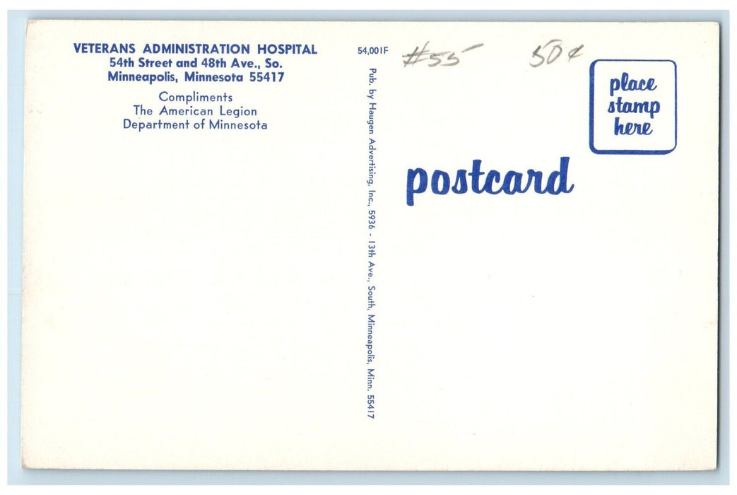 1960 Aerial View Veterans Administration Hospital Minneapolis Minnesota Postcard