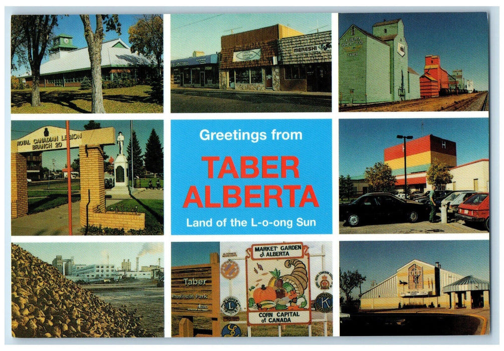 c1960's Greetings from Taber Alberta Land of L-o-ong Sun Multiview Postcard