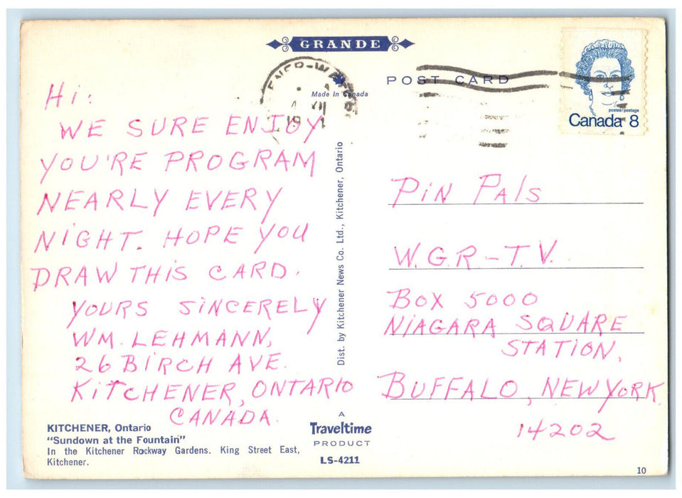 c1950's Sundown at the Fountain View Rockway Gardens Kitchener Canada Postcard